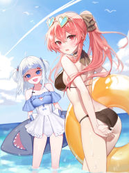 Rule 34 | 2girls, :d, absurdres, adjusting clothes, adjusting swimsuit, ahoge, ass, beach, bikini, black bikini, blue eyes, blue one-piece swimsuit, blush, bow, breasts, cloud, cloudy sky, covered navel, dimples of venus, frilled swimsuit, frills, gawr gura, hair between eyes, hair bow, hair ornament, halterneck, heart, heart-shaped eyewear, highres, holding, hololive, hololive english, inflatable shark, inflatable toy, innertube, long hair, looking at viewer, medium breasts, mori calliope, multiple girls, ocean, one-piece swimsuit, open mouth, outdoors, partially submerged, pink hair, ponytail, red eyes, shaded face, shark hair ornament, short hair, sky, small breasts, smile, string bikini, sugarhigh, swim ring, swimsuit, virtual youtuber, visor cap, wet, white hair, white one-piece swimsuit, yellow-framed eyewear