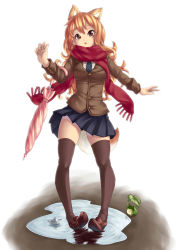 Rule 34 | 1girl, animal ears, bad id, bad pixiv id, blonde hair, breasts, brown eyes, brown thighhighs, closed umbrella, fox ears, frog, full body, loafers, long hair, naidong (artist), original, paper boat, puddle, red scarf, scarf, shoes, simple background, skirt, solo, thighhighs, umbrella, white background