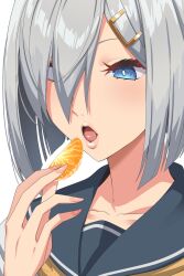 1girl black_sailor_collar blue_eyes bright_pupils collarbone eyelashes food fruit grey_hair hair_between_eyes hair_ornament hamakaze_(kancolle) highres holding holding_food kantai_collection kloah lips mandarin_orange neckerchief open_mouth sailor_collar shirt short_hair solo tongue white_pupils white_shirt yellow_neckerchief