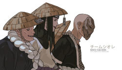 Rule 34 | 3boys, bald, black hair, character name, character profile, character sheet, closed mouth, fisher903, forehead protector, hat, japanese clothes, kimono, lips, long hair, male focus, mask, multiple boys, naruto, naruto (series), ninja, open mouth, shiore (naruto), smile, straw hat, teeth, white background