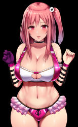 Rule 34 | 1girl, alternate costume, bikini, black background, breasts, choker, cleavage, cleavage cutout, clothing cutout, cowboy shot, crop top, curvy, dead or alive, frilled bikini, frills, gloves, hair ornament, hands up, highres, honoka (doa), ishimiso (ishimura), large breasts, looking at viewer, medium hair, muscular, muscular female, navel, one side up, open mouth, pink hair, red eyes, sidelocks, single glove, smile, solo, stomach, swimsuit