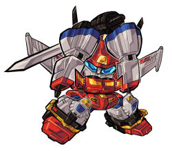 Rule 34 | autobot, blue eyes, chibi, commentary, commission, english commentary, head tilt, highres, holding, holding sword, holding weapon, looking at viewer, mecha, mechanical wings, no humans, pillar buster, robot, science fiction, simple background, solo, star saber (transformers), sword, transformers, transformers victory, two-handed, weapon, wings