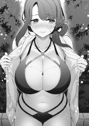 Rule 34 | 1girl, bikini, blush, breasts, bush, cleavage, closed mouth, curvy, exhibitionism, flashing, giuniu, greyscale, hair over one eye, highres, hood, hoodie, huge breasts, katsuragi ayako, large breasts, long hair, looking to the side, monochrome, multi-strapped bikini, musume janakute mama ga suki nano!?, navel, open clothes, open hoodie, outdoors, parted bangs, public indecency, smile, stomach, sweat, swimsuit, thick thighs, thigh gap, thighs