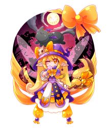 Rule 34 | 1girl, blonde hair, broom, broom riding, candy, cat, dress, fairy, fairy wings, halloween, hat, highres, horns, lollipop, long hair, mogura (susutake), original, pointy ears, ribbon, smile, solo, transparent background, wings, wink, witch, witch hat