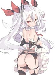 Rule 34 | 1girl, ass, azur lane, bare shoulders, black panties, black thighhighs, blade (galaxist), breasts, chain, clothes lift, cowboy shot, detached sleeves, dress, dress lift, fang, from behind, garter belt, hair ornament, heart, long hair, looking at viewer, looking back, open mouth, panties, panty pull, red eyes, simple background, slit pupils, small breasts, smile, solo, thighhighs, twintails, underwear, vampire (azur lane), very long hair, white background, white hair