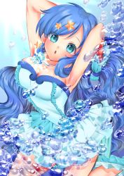 Rule 34 | 1girl, absurdres, armpits, bare shoulders, blue eyes, blue hair, blue skirt, blush, breasts, bubble, cleavage, commentary request, curly hair, dress, earrings, floating hair, frilled dress, frilled skirt, frills, hair ornament, hand up, highres, houshou hanon, in water, jewelry, long hair, medium breasts, mermaid melody pichi pichi pitch, ocean, shell, shiina awo, skirt, smile, solo, star (symbol), star earrings, star hair ornament, thighs, water, white skirt