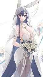 Rule 34 | 1girl, animal ears, azur lane, bare shoulders, blue eyes, blue hair, blush, bouquet, breasts, bridal veil, choker, cleavage, closed mouth, dress, earrings, fake animal ears, flower, gloves, highres, holding, holding bouquet, jewelry, large breasts, legs together, long hair, looking at viewer, new jersey (azur lane), new jersey (snow-white ceremony) (azur lane), official alternate costume, rabbit ears, raitho, revealing clothes, rose, sidelocks, smile, solo, standing, veil, very long hair, wedding dress, white choker, white dress, white flower, white gloves, white rose