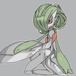 Rule 34 | 1girl, bob cut, colored sclera, colored skin, creatures (company), female focus, flat chest, full body, game freak, gardevoir, gen 3 pokemon, green hair, green skin, grey background, grey sclera, grey skin, hair over one eye, lowres, multicolored skin, nintendo, one eye covered, on one knee, open mouth, outline, oyama yoihaya, pokemon, pokemon (creature), red eyes, short hair, simple background, solo, two-tone skin, white outline
