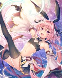 Rule 34 | 1boy, :d, animal ears, armor, astolfo (fate), astolfo (saber) (fate), backlighting, bare shoulders, black bow, black bowtie, black gloves, black hairband, black skirt, black thighhighs, blush, bow, bowtie, crop top, detached sleeves, fake animal ears, fang, fate/grand order, fate (series), faulds, gloves, hagino kouta, hair bow, hairband, highres, index finger raised, legs up, light trail, long hair, long sleeves, looking at viewer, male focus, midriff, miniskirt, multicolored hair, navel, open mouth, pink hair, pleated skirt, purple eyes, rabbit ears, skirt, smile, solo, stomach, streaked hair, thighhighs, thighs, trap, twitter username, two-tone hair, very long hair, white hair, wide sleeves