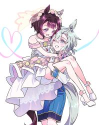 Rule 34 | 2girls, animal ears, bare shoulders, blue eyes, blue shorts, blush, bridal veil, brown hair, carrying, carrying person, dress, ear covers, ear flower, flower on chest, gloves, grey hair, highres, horse ears, horse girl, horse tail, jacket, jeonjagolhaem, jewelry, legwear garter, long sleeves, multiple girls, necklace, nishino flower (sweet juneberry) (umamusume), nishino flower (umamusume), off-shoulder dress, off shoulder, official alternate costume, open mouth, oxfords, pearl necklace, princess carry, seiun sky (soiree de chaton) (umamusume), seiun sky (umamusume), shirt, short hair, shorts, single ear cover, smile, tail, teeth, umamusume, veil, wedding dress, white background, white gloves, white jacket, white shirt