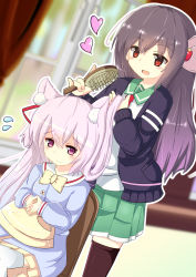 Rule 34 | 2girls, :d, absurdres, animal ears, azur lane, black cardigan, black legwear, blue shirt, blurry, blurry background, blush, bow, bowtie, brown eyes, brushing hair, cardigan, cat ears, chair, closed mouth, commentary request, crossover, depth of field, dutch angle, flying sweatdrops, gradient hair, green sailor collar, green skirt, hair between eyes, hair brush, hair ornament, hair ribbon, hat, hat ribbon, heart, highres, historical name connection, holding, holding brush, indoors, interlocked fingers, kantai collection, kindergarten uniform, kisaragi (azur lane), kisaragi (kancolle), long hair, long sleeves, multicolored hair, multiple girls, name connection, nekoyanagi (azelsynn), one side up, open cardigan, open clothes, open mouth, outline, own hands together, pink hair, pleated skirt, purple hair, red neckwear, red ribbon, ribbon, sailor collar, school hat, school uniform, serafuku, shirt, sidelocks, sitting, skirt, smile, thighhighs, very long hair, white legwear, white outline, white shirt, window, yellow hat, yellow neckwear, yellow skirt