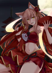 Rule 34 | 1girl, animal ear fluff, animal ears, blonde hair, blush, breasts, cowboy shot, cup, detached sleeves, fate/extra, fate/extra ccc, fate/extra ccc fox tail, fate (series), fox ears, fox tail, full moon, hagoromo, highres, holding, holding sword, holding weapon, japanese clothes, kurokage, large breasts, long hair, long sleeves, looking at viewer, moon, navel, night, over shoulder, ribbon-trimmed sleeves, ribbon trim, sakazuki, shawl, smile, solo, stomach, suzuka gozen (fate), suzuka gozen (third ascension) (fate), sword, tail, weapon, weapon over shoulder, wide sleeves, yellow eyes