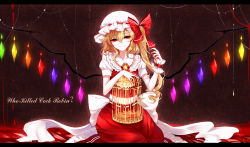 Rule 34 | 1girl, absurdres, bad id, bad pixiv id, blonde hair, bow, collarbone, dress, flandre scarlet, hair between eyes, hair bow, hat, highres, jewelry, letterboxed, long hair, necklace, red bow, red dress, red eyes, sheya, short sleeves, side ponytail, sitting, smile, solo, touhou, white hat, wrist cuffs