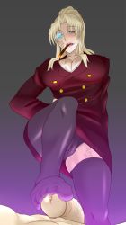 Rule 34 | 1girl, balalaika (black lagoon), belted, belted dress, black lagoon, blonde hair, blue eyes, breasts, business suit, cameltoe, cigar, clasped dress, cleavage, dress, feet, femdom, footjob, formal, glowing, glowing eye, large breasts, legs, mole, paya (paya19891115), penis, ponytail, scar, skirt, skirt suit, suit, thighhighs, tight clothes, tight dress, upskirt
