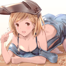 Rule 34 | 1girl, 2017, all fours, bad id, bad pixiv id, bare shoulders, barefoot, blonde hair, blush, breasts, brown eyes, cleavage, collarbone, dated, djeeta (granblue fantasy), flying sweatdrops, granblue fantasy, highres, looking at viewer, md5 mismatch, mechanic (granblue fantasy), medium breasts, milli little, overalls, pointing, pointing at self, resolution mismatch, sketch, solo, swept bangs, top-down bottom-up, welding mask, white background