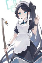 Rule 34 | 1girl, absurdres, apron, aqua halo, aris (blue archive), black hair, blue archive, blue eyes, halo, highres, long hair, looking at viewer, maid apron, rectangular halo, short sleeves, smile, solo, zombie ke