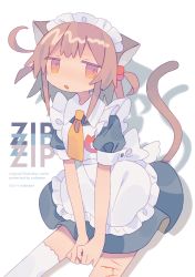 Rule 34 | 1girl, absurdres, ahoge, animal ears, apron, artist name, between legs, black dress, blood, brown hair, cat ears, cat girl, cat tail, collared dress, copyright notice, cover, cover page, cuts, daizu (melon-lemon), dated, dress, drop shadow, english text, feet out of frame, frilled apron, frills, hair bobbles, hair ornament, hand between legs, highres, injury, looking at viewer, maid, maid apron, maid headdress, medium hair, name tag, necktie, no nose, orange eyes, orange necktie, original, parted lips, puffy short sleeves, puffy sleeves, self-harm, short dress, short sleeves, sidelocks, simple background, single thighhigh, sitting, solo, tail, tail raised, thighhighs, two side up, white apron, white background, white thighhighs