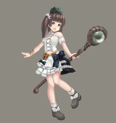 Rule 34 | 1girl, 2drr, :d, absurdres, bare shoulders, black footwear, blue bow, boots, bow, bracelet, brown hair, detached collar, dress, flower, grey background, hair flower, hair ornament, highres, holding, holding staff, jewelry, knees together feet apart, long hair, on head, open mouth, original, outstretched arms, plaid, plaid bow, purple flower, simple background, smile, solo, staff, standing, standing on one leg, twintails, white dress, winged footwear