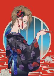 Rule 34 | 1girl, black kimono, bow, folded fan, closed mouth, daifukumochi (qquuiieett), earrings, egasumi, eyelashes, hand fan, fingernails, floral print, flower, folding fan, gradient clothes, green eyes, hair flower, hair ornament, hand up, highres, holding, holding fan, idolmaster, idolmaster cinderella girls, japanese clothes, jewelry, kimono, kimura natsuki, light brown hair, long sleeves, looking at viewer, looking back, nail polish, neck, profile, red background, red nails, short hair, smile, solo, tassel, traditional clothes, wide sleeves
