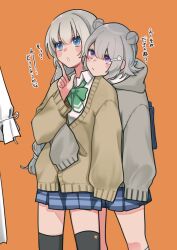 Rule 34 | :/, alpaca opo, arm around waist, behind another, black thighhighs, blue eyes, blue skirt, blush stickers, bow, bowtie, braid, brown cardigan, cardigan, cevio, check translation, clothes, collared shirt, commentary request, double bun, feet out of frame, finger to own chin, flipped hair, green bow, green bowtie, grey hair, grey hoodie, hair bun, hair ornament, hairclip, hand up, highres, hood, hoodie, index finger raised, kizuna akari, kneehighs, koharu rikka, long hair, loose bowtie, open mouth, orange background, pleated skirt, purple eyes, shirt, shopping, simple background, skirt, socks, synthesizer v, thighhighs, thinking, translation request, voiceroid, white shirt, yuri