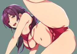 Rule 34 | 1girl, bikini, breasts, duke (inu daimyou), green background, green eyes, hair ornament, hair scrunchie, large breasts, long hair, looking at viewer, love live!, love live! school idol project, low twintails, navel, open mouth, purple hair, red bikini, red scrunchie, scrunchie, simple background, smile, solo, swimsuit, teeth, thighs, tojo nozomi, twintails, upper teeth only