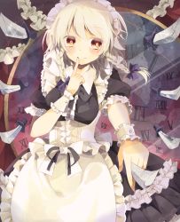 Rule 34 | 1girl, apron, between fingers, black dress, braid, clock, dress, finger to mouth, highres, holding, izayoi sakuya, knife, looking at viewer, maid, maid apron, puffy sleeves, red eyes, senju (uroakono), short sleeves, shushing, silver hair, smile, solo, throwing knife, touhou, twin braids, weapon, wrist cuffs