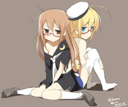 Rule 34 | 10s, 2girls, :&lt;, black serafuku, blonde hair, blue eyes, blush, breasts, brown eyes, brown hair, covering privates, glasses, hair ornament, hat, i-8 (kancolle), kantai collection, long hair, low twintails, mochizuki (kancolle), multiple girls, one-piece swimsuit, peaked cap, personification, red-framed eyewear, school swimsuit, school uniform, serafuku, sitting, skirt, small breasts, swimsuit, tears, thighhighs, torn clothes, twintails, wara (warapro), white legwear