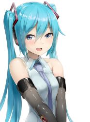 Rule 34 | 1girl, abmayo, aqua eyes, aqua hair, blush, elbow gloves, gloves, green eyes, hair ornament, hatsune miku, long hair, necktie, open mouth, shiny clothes, simple background, solo, twintails, very long hair, vocaloid, white background