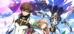 Rule 34 | 1boy, 1girl, arm at side, artist request, blue gloves, blue sky, bodysuit, brown hair, choker, closed eyes, closed mouth, cloud, code geass, code geass: lost stories, collarbone, covered collarbone, day, dutch angle, earpiece, energy gun, falling leaves, firing, game cg, glint, gloves, gold trim, green eyes, gun, hair intakes, half up braid, hands up, high collar, holding, holding gun, holding weapon, kururugi suzaku, lancelot (code geass), lancelot conquista, leaf, light particles, light rays, long hair, looking at viewer, midair, non-web source, nunnally vi britannia, official art, on chair, outdoors, outstretched arm, own hands together, protecting, purple choker, raised eyebrows, serious, short hair, sidelocks, sitting, sky, standing, sunlight, u u, upper body, v-shaped eyebrows, weapon, white bodysuit
