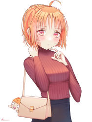 Rule 34 | 1girl, :o, adjusting hair, alternate hairstyle, artist name, artist request, bag, black skirt, blush, braid, breasts, carrying bag, close-up, female focus, high ponytail, highres, leotard, looking at viewer, love live!, love live! sunshine!!, medium breasts, miniskirt, orange hair, parted lips, plaid, plaid skirt, playboy bunny, pleated, pleated skirt, ponytail, red eyes, red sweater, short hair, shoulder bag, side braid, skirt, smile, solo, sweater, takami chika, white background