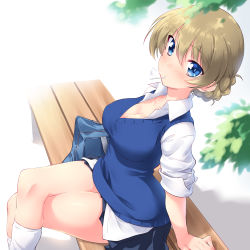 Rule 34 | 1girl, absurdres, adapted uniform, afterimage, arm support, bag, bench, blonde hair, blue eyes, blue skirt, blue sweater, blurry, blurry foreground, blush, braid, branch, breasts, candy, cleavage, commentary, crossed legs, darjeeling (girls und panzer), dress shirt, fading, food, food in mouth, girls und panzer, highres, kuzuryuu kennosuke, legs, lollipop, long sleeves, looking at viewer, loose socks, medium breasts, miniskirt, motion blur, mouth hold, pleated skirt, school bag, school uniform, shadow, shirt, short hair, sitting, skirt, sleeves rolled up, socks, solo, st. gloriana&#039;s school uniform, sweater, v-neck, white legwear, white shirt, wing collar