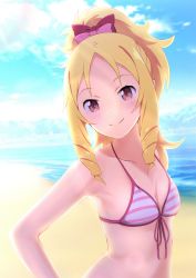 Rule 34 | 10s, 1girl, absurdres, bare shoulders, beach, bikini, blonde hair, blush, bow, breasts, cleavage, day, drill hair, drill sidelocks, eromanga sensei, hair bow, highres, long hair, looking to the side, navel, ocean, outdoors, ponytail, red eyes, shadow, sidelocks, sky, small breasts, smile, solo, striped bikini, striped bikini top, striped clothes, swimsuit, taka-chan, upper body, yamada elf