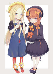 Rule 34 | 2girls, abigail williams (fate), alternate costume, black bow, black dress, black headwear, blonde hair, bloomers, blue eyes, blue overalls, blush, bow, braid, breasts, cosplay, costume switch, crown braid, dress, fate/grand order, fate (series), forehead, full body, hair bow, hat, highres, long hair, long sleeves, looking at viewer, multiple bows, multiple girls, navel, open mouth, orange bow, orange hair, overall shorts, overalls, parted bangs, polka dot, polka dot bow, puffy sleeves, ribbed dress, sato (r017xts117), side braid, sleeves past fingers, sleeves past wrists, small breasts, smile, straw hat, stuffed animal, stuffed toy, teddy bear, underwear, van gogh (fate), white bloomers, yellow headwear