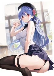 Rule 34 | 1girl, alternate costume, ass, black headwear, black panties, black skirt, black thighhighs, blue hair, blurry, blurry background, breasts, closed mouth, commentary request, food, fruit, full body, highres, hinanawi tenshi, long hair, looking at viewer, looking back, medium breasts, panties, peach, red eyes, shirt, sitting, skirt, sleeveless, sleeveless shirt, solo, tetsurou (fe+), thighhighs, touhou, underwear, v, wariza, white shirt