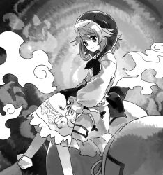 Rule 34 | 1girl, apron, closed mouth, commentary request, flat chest, frilled skirt, frilled sleeves, frills, greyscale, hat, highres, kaigen 1025, long sleeves, medium hair, monochrome, neckerchief, okunoda miyoi, shirt, sitting, sketch, skirt, smile, solo, touhou, waist apron, whale hat