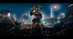 Rule 34 | 1girl, absurdres, alternate costume, car, cyberpunk, hakos baelz, highres, hololive, hololive english, letterboxed, motor vehicle, mouse girl, multicolored hair, navel, night, night sky, red hair, sky, solo, virtual youtuber, vyragami