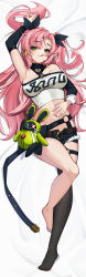 Rule 34 | 1girl, :q, absurdres, arm up, armpits, bare shoulders, bed sheet, black ribbon, black shorts, black thighhighs, blush, breasts, chinese commentary, commentary request, crop top, cutoffs, detached collar, detached sleeves, full body, green eyes, hair ribbon, highres, large breasts, long hair, long sleeves, looking at viewer, lying, micro shorts, midriff, mole, mole on breast, navel, nicole demara, no shoes, on back, pink hair, ribbon, shorts, single thighhigh, solo, stomach, strapless, suyujiu u, thigh strap, thighhighs, thighs, tongue, tongue out, tube top, two side up, very long hair, zenless zone zero