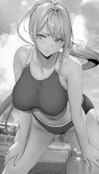 Rule 34 | 1girl, absurdres, bent over, blurry, blurry background, blush, bottle, breasts, commentary request, gentsuki, greyscale, highres, large breasts, long hair, monochrome, navel, original, outdoors, parted lips, ponytail, solo, sports bra, thighs