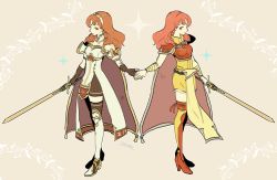 Rule 34 | 2girls, armor, artist name, bandages, bandaged arm, bandages, black gloves, breastplate, celica (fire emblem), closed mouth, detached collar, dual persona, fingerless gloves, fire emblem, fire emblem echoes: shadows of valentia, fire emblem gaiden, fire emblem heroes, gloves, hair ornament, hairband, holding hands, high heels, holding, holding sword, holding weapon, long hair, multiple girls, nintendo, pelvic curtain, red eyes, red hair, sasaki (dkenpisss), shoulder armor, sword, weapon