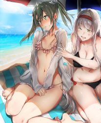 Rule 34 | 10s, 2girls, ;d, absurdres, ankle scrunchie, bare legs, bare shoulders, barefoot, beach, beach umbrella, bikini, black bikini, blue sky, blush, breasts, brown eyes, cleavage, cloud, covering privates, covering crotch, day, embarrassed, frilled bikini, frills, front-tie top, green eyes, green hair, hair ribbon, hairband, highres, jacket, kantai collection, large breasts, long hair, multiple girls, navel, ocean, one eye closed, open clothes, open jacket, open mouth, outdoors, pink bikini, ribbon, sand, scrunchie, seiza, shoukaku (kancolle), side-tie bikini bottom, silver hair, sitting, sky, sleeves past wrists, small breasts, smile, sweat, swimsuit, twintails, umbrella, v arms, wariza, water, white ribbon, yakitomato, zuikaku (kancolle)