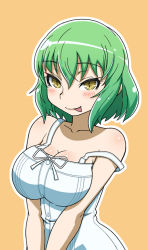 Rule 34 | 10s, 1girl, :p, alternate costume, bare shoulders, blush, bow, breasts, breasts squeezed together, cleavage, collarbone, dress, green hair, haganemaru kennosuke, hikage (senran kagura), large breasts, ribbon, senran kagura, senran kagura burst, short hair, simple background, slit pupils, smile, solo, strap slip, sundress, tongue, tongue out, v arms, yellow eyes