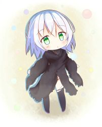 Rule 34 | 1girl, :o, bad id, bad pixiv id, bandaged hand, bandages, black cloak, black footwear, black panties, blue hair, blush, boots, buckle, chibi, cloak, commentary request, facial scar, fate/apocrypha, fate (series), full body, green eyes, hair between eyes, hoshino (pwmp3573), jack the ripper (fate/apocrypha), light blue hair, long sleeves, looking at viewer, medium hair, panties, scar, scar on cheek, scar on face, shadow, solo, standing, tareme, thigh boots, thighhighs, turtleneck, underwear