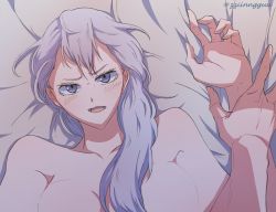 Rule 34 | 1girl, acier silva, adult, bare shoulders, bed, bed sheet, black clover, blush, breasts, cleavage, held down, jinguu (timaya), large breasts, long hair, looking at viewer, open mouth, ponytail, pov, restrained, topless male, silver hair, watermark