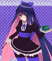 Rule 34 | 10s, 1girl, bad id, bad pixiv id, black dress, blue nails, bow, cake, colored inner hair, dress, food, fork, linaria (ookinahitomi), long hair, multicolored hair, nail polish, panty &amp; stocking with garterbelt, pantyhose, pastry, purple pantyhose, solo, stocking (psg), striped clothes, striped pantyhose, thighhighs, two-tone hair, very long hair
