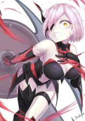 Rule 34 | 1girl, absurdres, artist name, asymmetrical legwear, bare shoulders, black collar, black leotard, black thighhighs, breasts, cleavage, clothing cutout, collar, corruption, detached collar, fate/grand order, fate (series), glowing, glowing eye, hakuya kung, hand on own chest, highres, holding, holding shield, large breasts, leaning forward, leotard, mash kyrielight, navel, purple hair, shield, single thighhigh, solo, stomach cutout, thigh gap, thigh strap, thighhighs, veins, yellow eyes