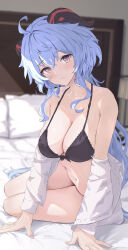 Rule 34 | 1girl, absurdres, ahoge, alternate costume, arm support, bare shoulders, bed, bikini, black bikini, blue hair, blurry, blurry background, blush, bow, bow bikini, breasts, cleavage, commentary, crossed bangs, front-tie bikini top, front-tie top, ganyu (genshin impact), genshin impact, goat horns, gradient eyes, halterneck, highres, horns, indoors, lace, lace-trimmed bikini, lace trim, lamp, leaning to the side, long hair, long sleeves, looking at viewer, medium breasts, multicolored eyes, navel, off shoulder, on bed, open clothes, open shirt, parted lips, pillow, purple eyes, shirt, sidelocks, sitting, solo, stomach, string bikini, sunlight, swimsuit, thighs, underwear, very long hair, white shirt, yukizakuro