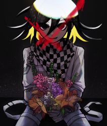 Rule 34 | 1boy, absurdres, artist logo, artist name, black background, black hair, black scarf, blonde hair, blood, blue flower, bouquet, chain, checkered clothes, checkered neckwear, checkered scarf, commentary, cowboy shot, cross, danganronpa (series), danganronpa v3: killing harmony, flower, grey jacket, grey pants, hair between eyes, highres, holding, holding flower, jacket, light, long sleeves, looking at viewer, male focus, multicolored hair, open mouth, orange flower, pants, pastahands, pink flower, red flower, scarf, sitting, smile, solo, two-tone hair, white jacket, white scarf