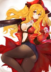 Rule 34 | 1girl, anne bonny (fate), ascot, ashino, ass, belt, blonde hair, blue skirt, blush, breasts, brown pantyhose, center opening, cleavage, closed mouth, commentary request, fate (series), feet out of frame, hair between eyes, hat, highres, holding, large breasts, long hair, long sleeves, looking at viewer, microskirt, navel, pantyhose, pencil skirt, pirate, pirate hat, red eyes, red hat, shirt tucked in, skirt, skull and crossbones, smile, solo, taut clothes, taut skirt, wavy hair, weapon, weapon request, white ascot, wing collar