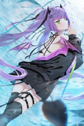 Rule 34 | 1girl, absurdres, back, bare shoulders, black jacket, black skirt, black thighhighs, demon horns, demon tail, demon wings, detached wings, floating hair, from behind, from below, green eyes, highres, hololive, horns, jacket, long hair, long sleeves, looking back, multicolored hair, nail polish, o-ring, o-ring thigh strap, off shoulder, open clothes, open jacket, parted lips, pink hair, pink nails, pleated skirt, puffy long sleeves, puffy sleeves, purple hair, runlan 0329, skirt, solo, streaked hair, tail, thigh strap, thighhighs, tokoyami towa, twintails, very long hair, virtual youtuber, wings