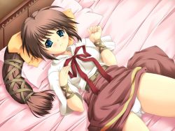 Rule 34 | 1girl, bed, blue eyes, blush, brown hair, game cg, hair ribbon, long hair, looking at viewer, lovelaby, lying, neck ribbon, on back, on bed, panties, pantyshot, rebecca holdey, ribbon, skirt, solo, twintails, underwear, upskirt, very long hair, wide sleeves